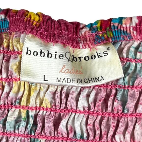 Bobbie Brooks Blouse Large Pink Floral Smocked Off Shoulder Boho Summer Peplum - Picture 8 of 9